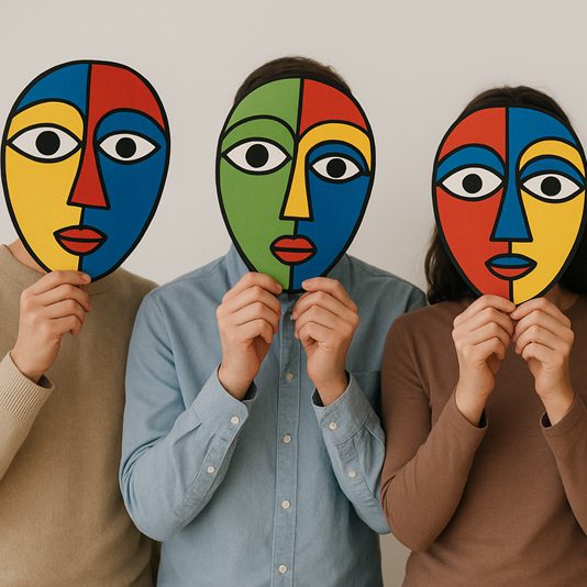 tres personas sosteniendo máscaras sobre sus rostros,