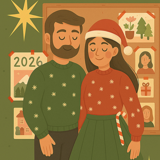 Hombre y mujer con sacos navideños.